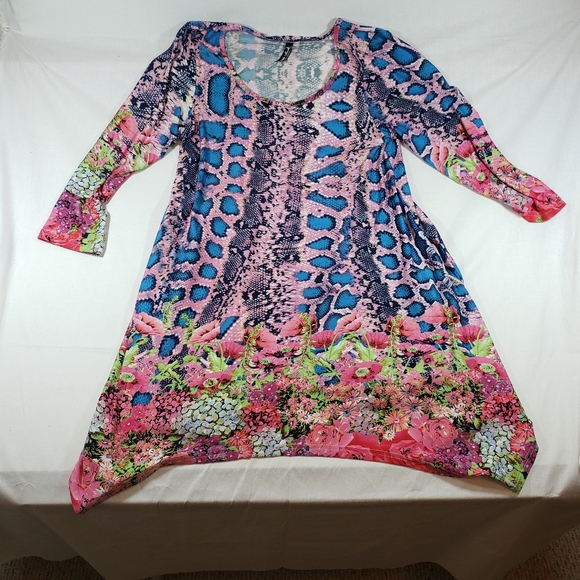 White Mark Dress Womens Large Pink Blue‎ Animal Floral Print Stretch 3/4 Sleeve - Picture 1 of 8